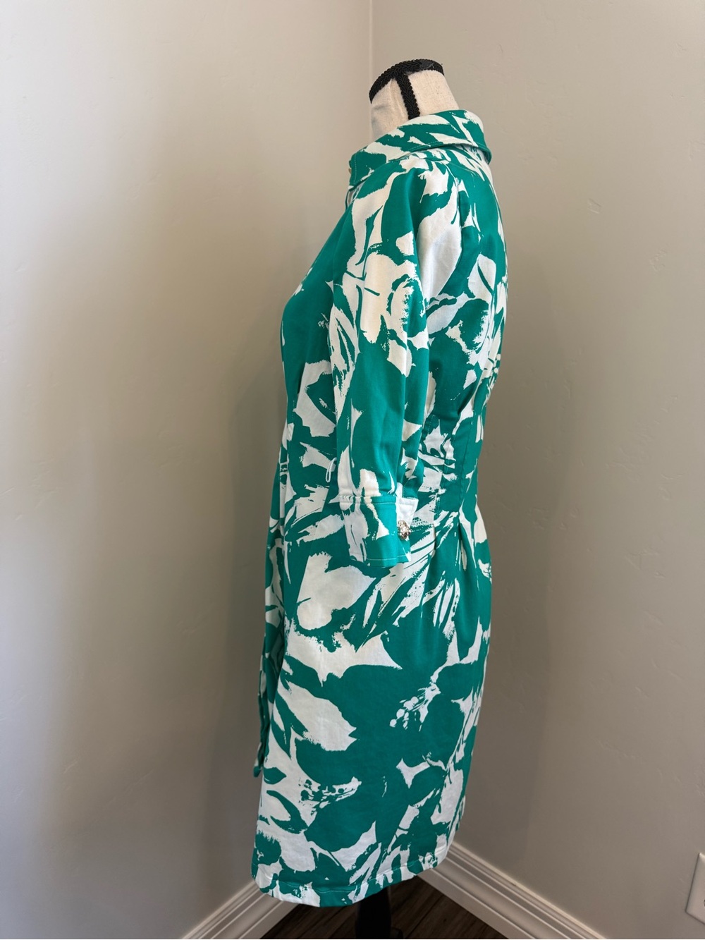 Anne Klein 4P Green White Floral Shirt Dress Petite Button Front Stretch Cotton - Picture 11 of 13